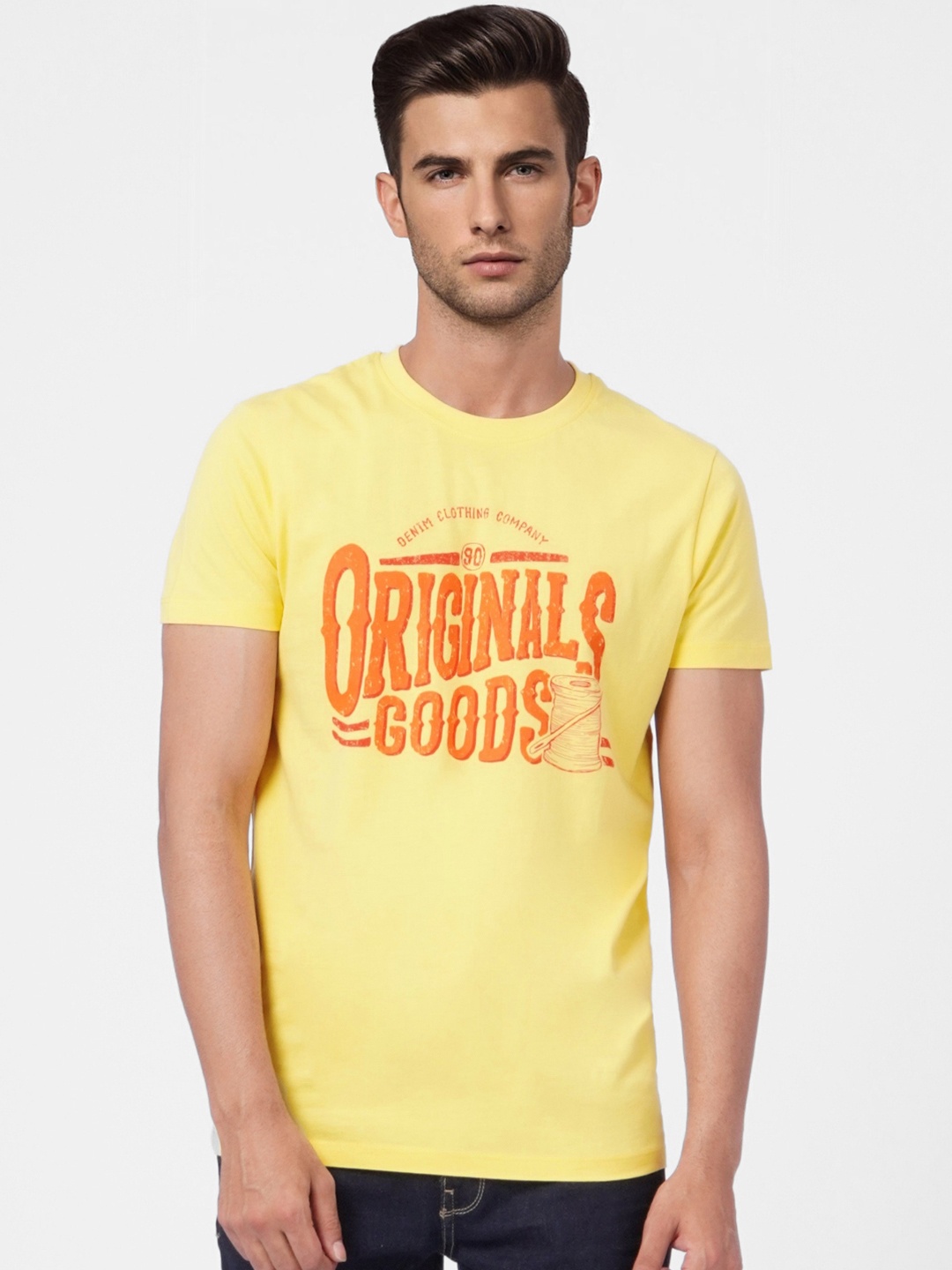 

Jack & Jones Men Yellow & Multicoloured Printed Slim Fit Pure Cotton Casual T-shirt