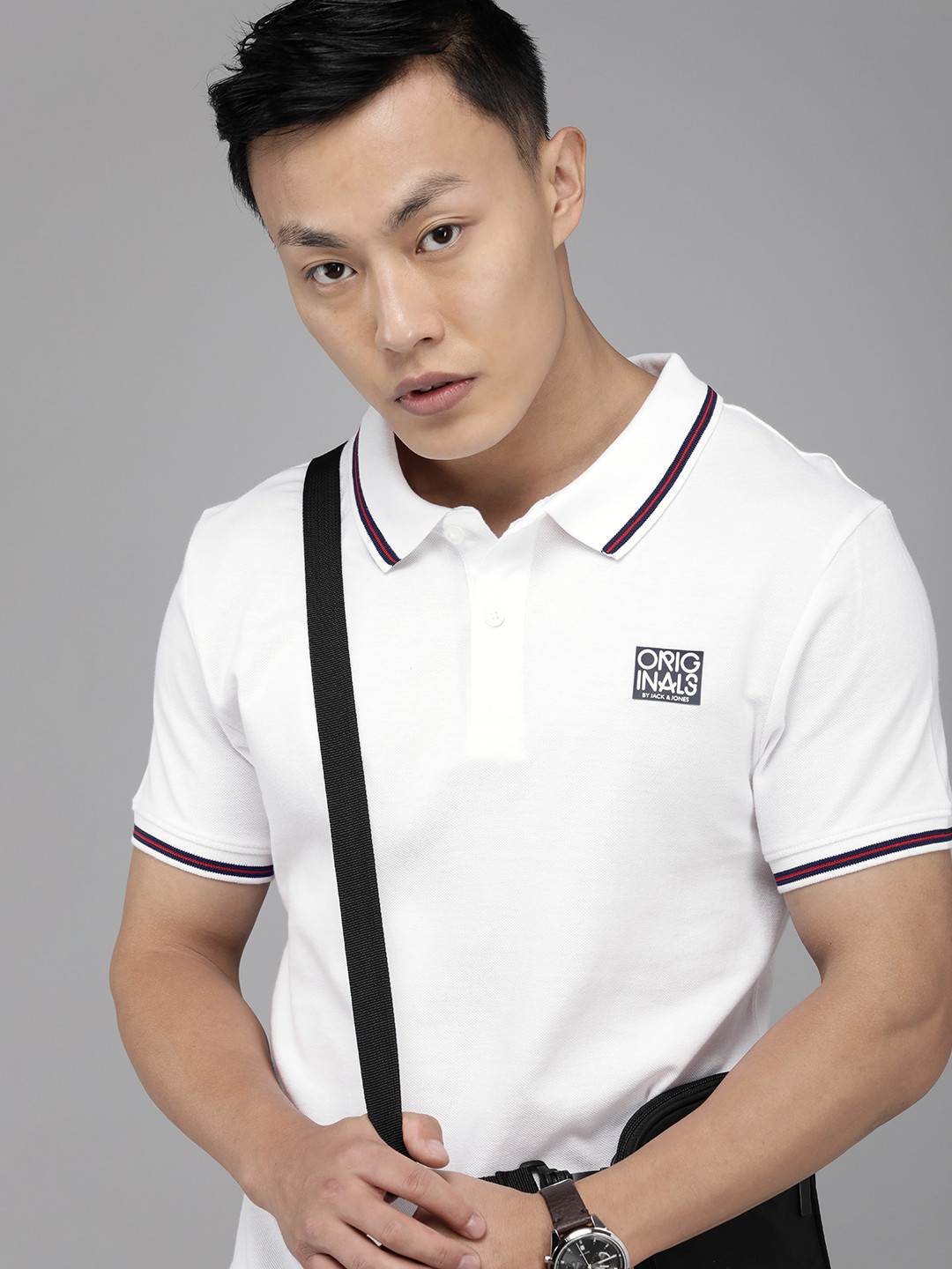 

Jack & Jones Men White & Black Printed Polo Collar Slim Fit Pure Cotton Casual T-shirt