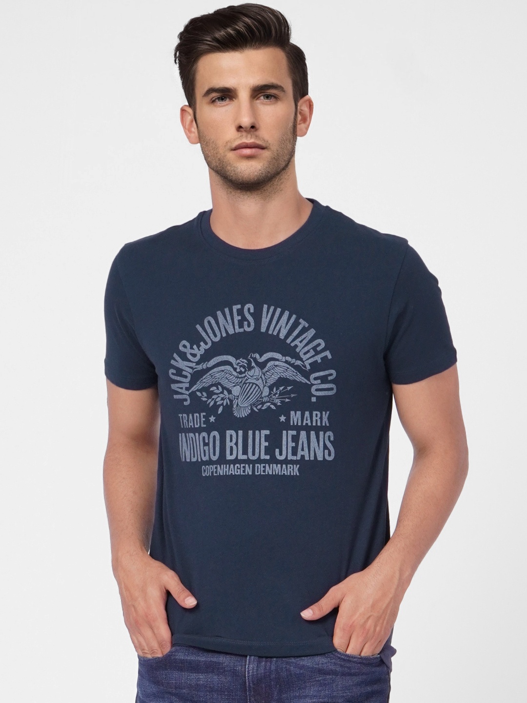 

Jack & Jones Men Navy Blue Graphic Printed Pure Cotton Slim Fit T-shirt