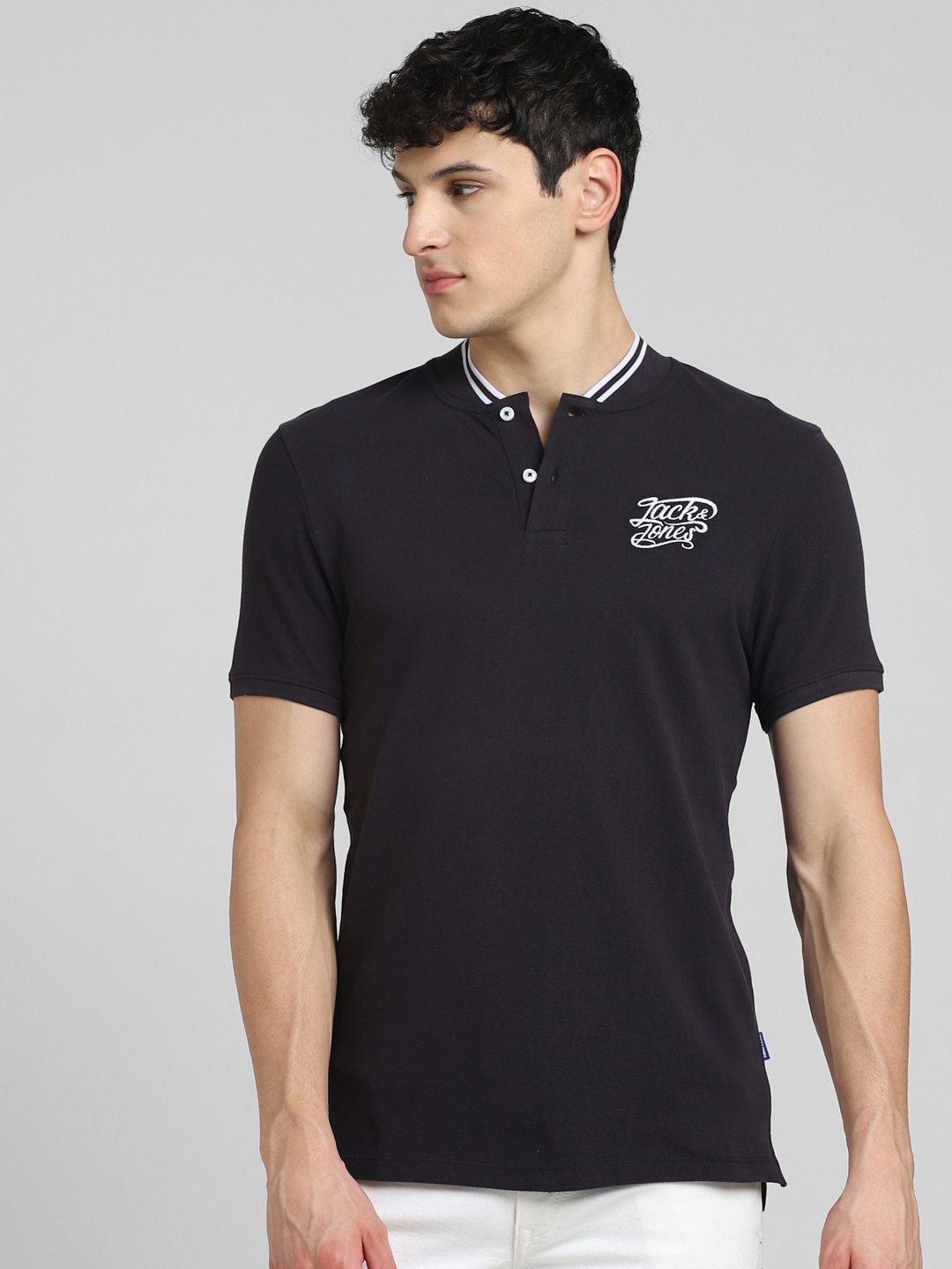 

Jack & Jones Men Navy Blue Printed Polo Collar Slim Fit Pure Cotton Casual T-shirt