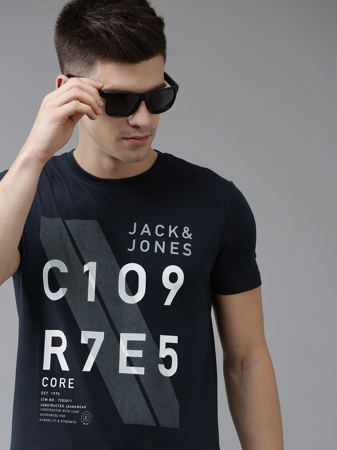 

Jack & Jones Men Navy Blue & Grey Printed Pure Cotton Slim Fit T-shirt