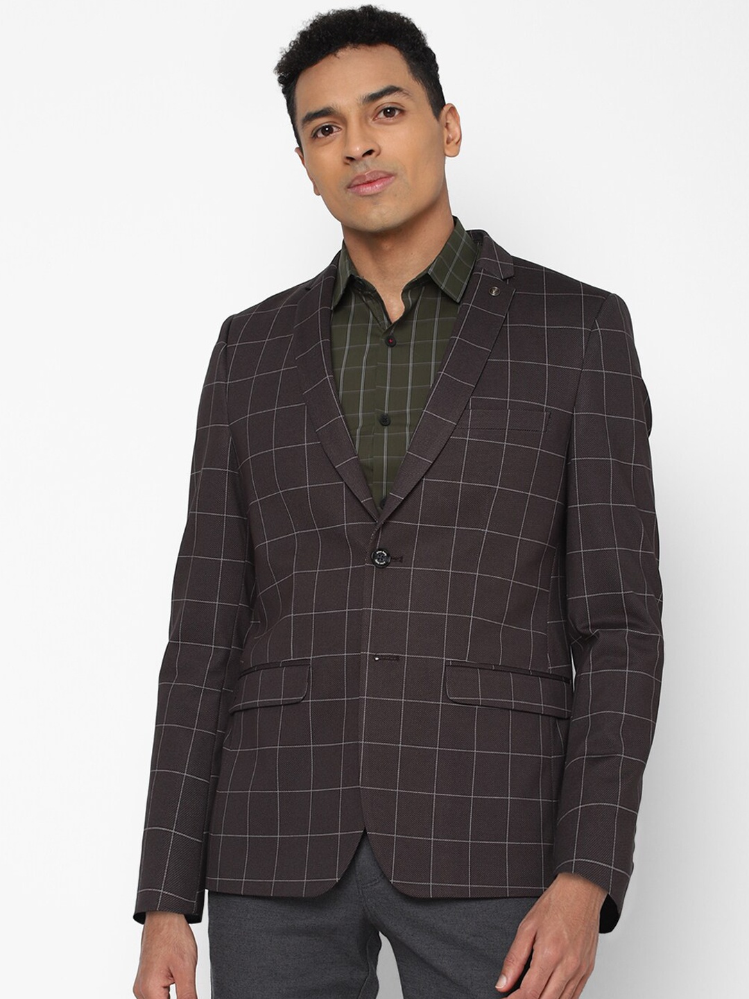 

Allen Solly Men Brown & Grey Checked Slim-Fit Single-Breasted Formal Blazer