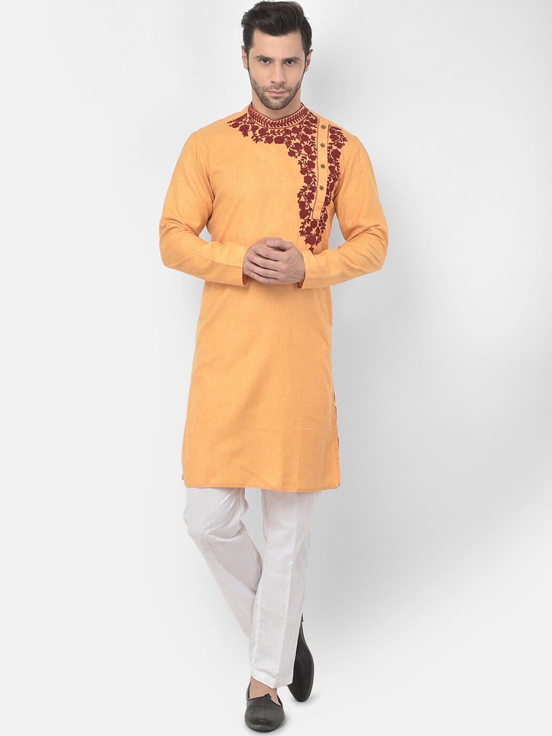 

LAMAAYA Men Yellow Yoke Design Pure Cotton Kurta with Pyjamas