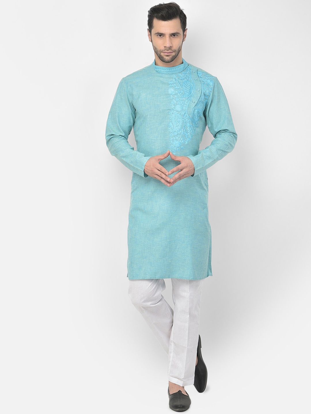 

LAMAAYA Men Turquoise Blue Pure Cotton Kurta with Trousers