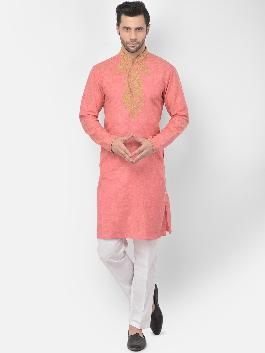 

LAMAAYA Men Pink Yoke Design Pure Cotton Kurta with Pyjamas