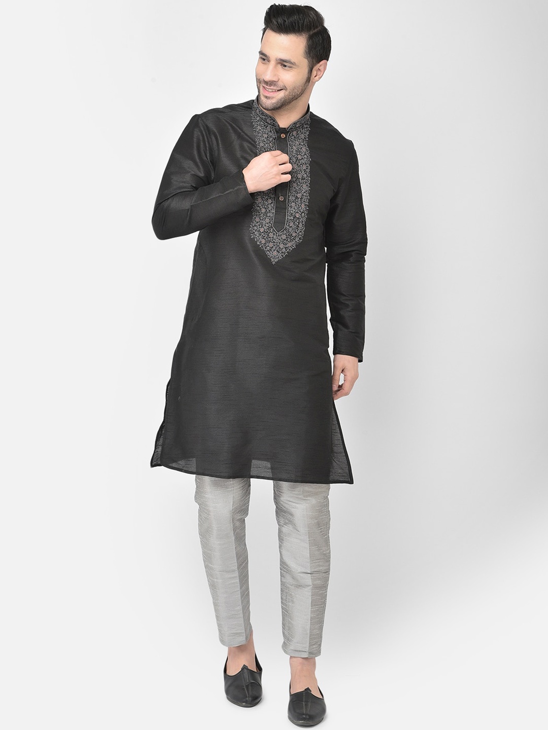 

LAMAAYA Men Black Dupion Silk Kurta with Pyjamas