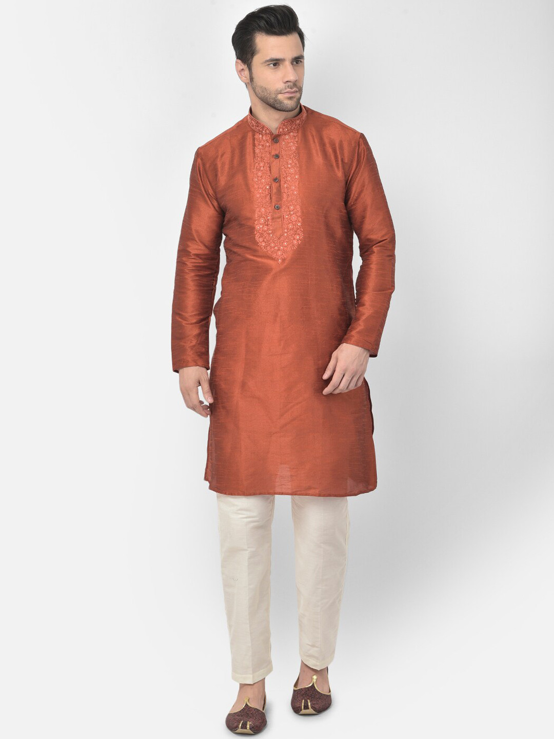 

LAMAAYA Men Orange Dupion Silk Kurta with Pyjamas