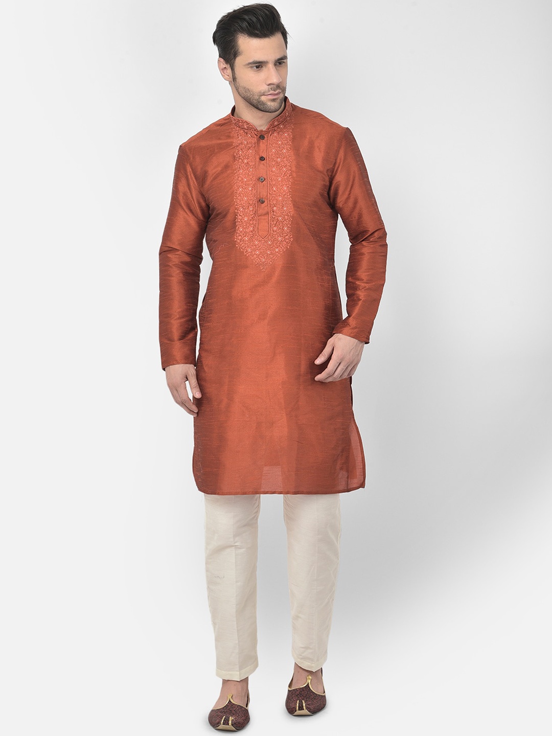 

LAMAAYA Men Orange Dupion Silk Kurta with Pyjamas