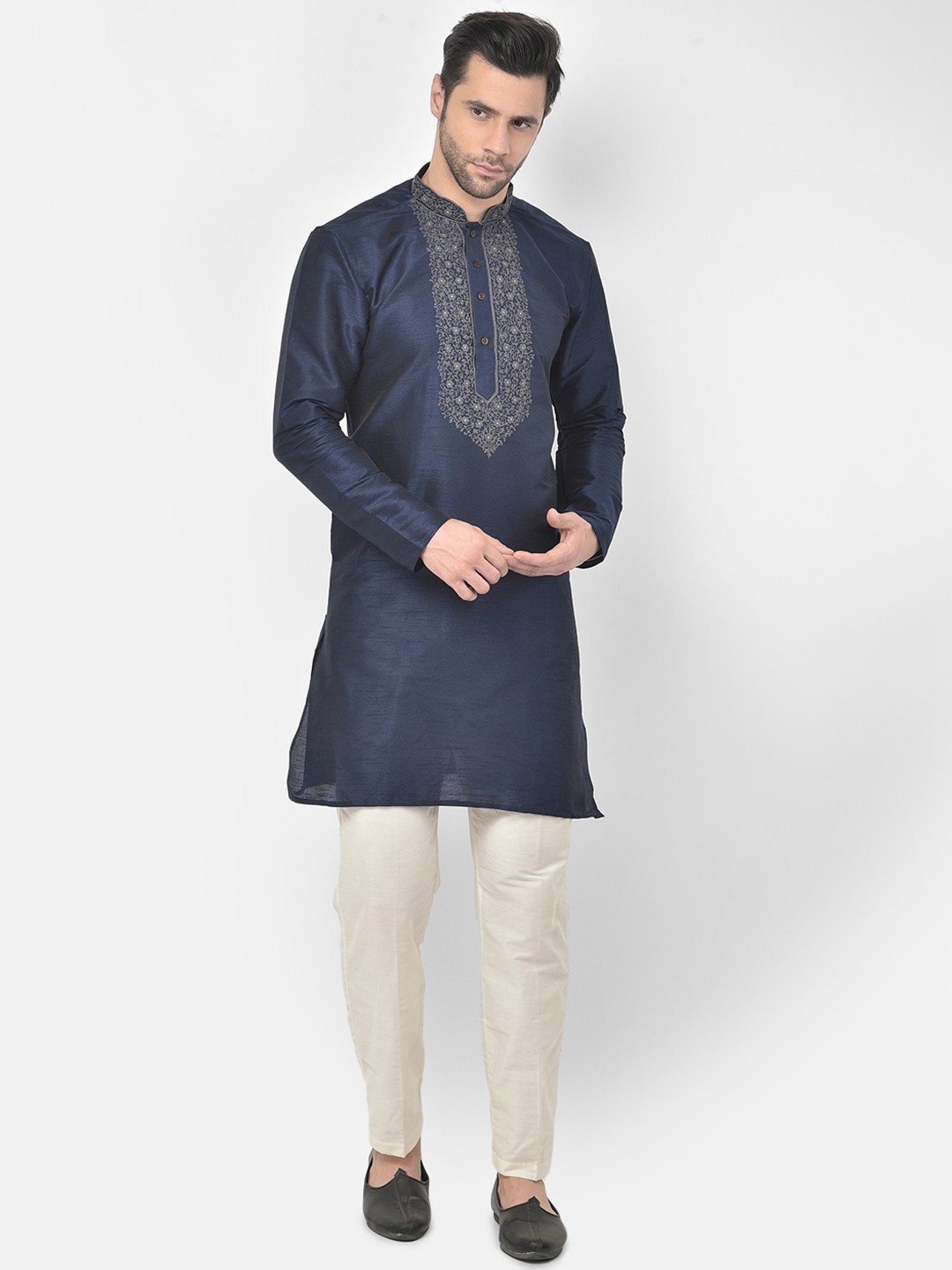 

LAMAAYA Men Navy Blue Dupion Silk Kurta with Pyjamas