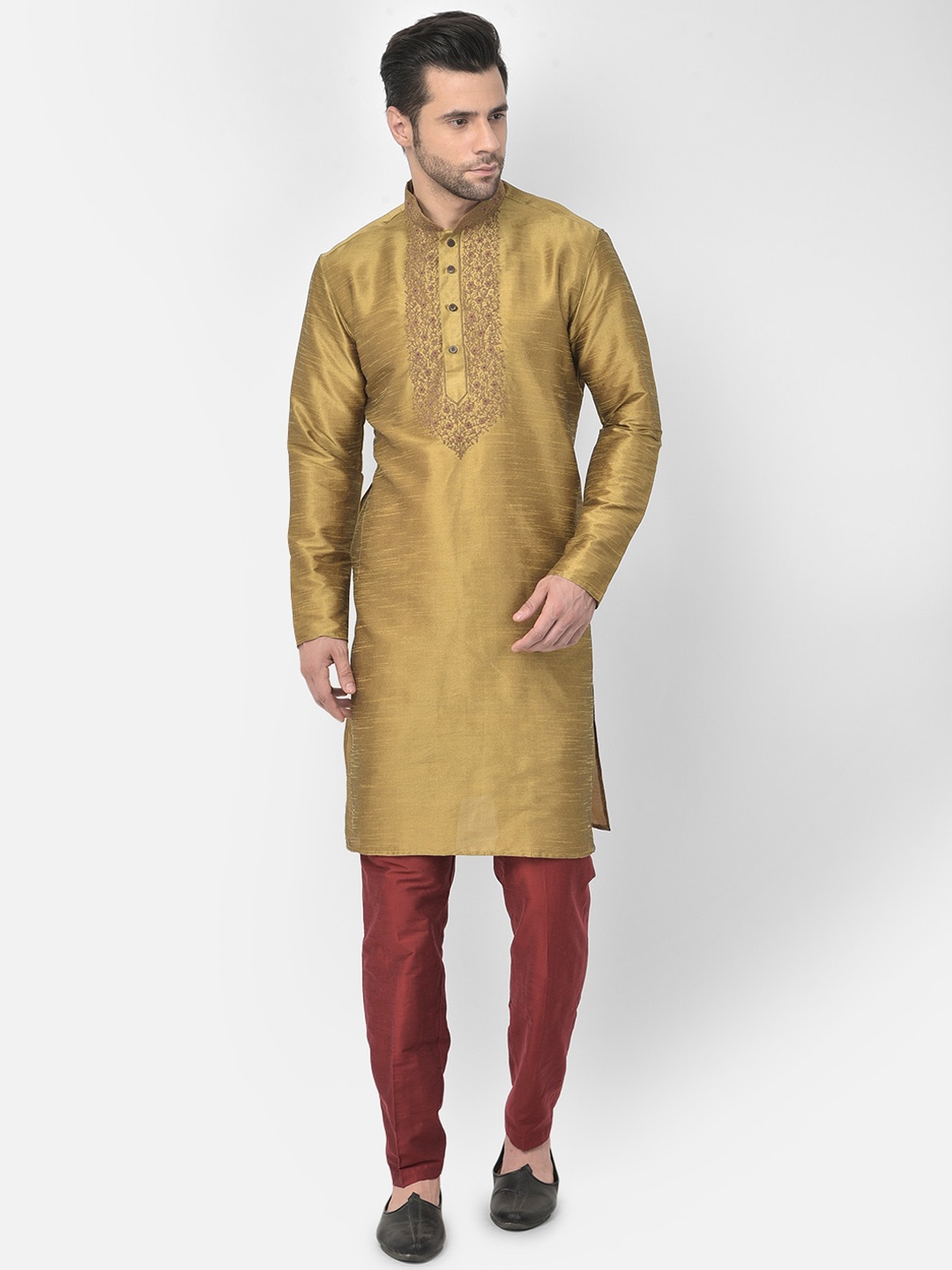 

LAMAAYA Men Brown Embroidered Dupion Silk Kurta with Pyjamas