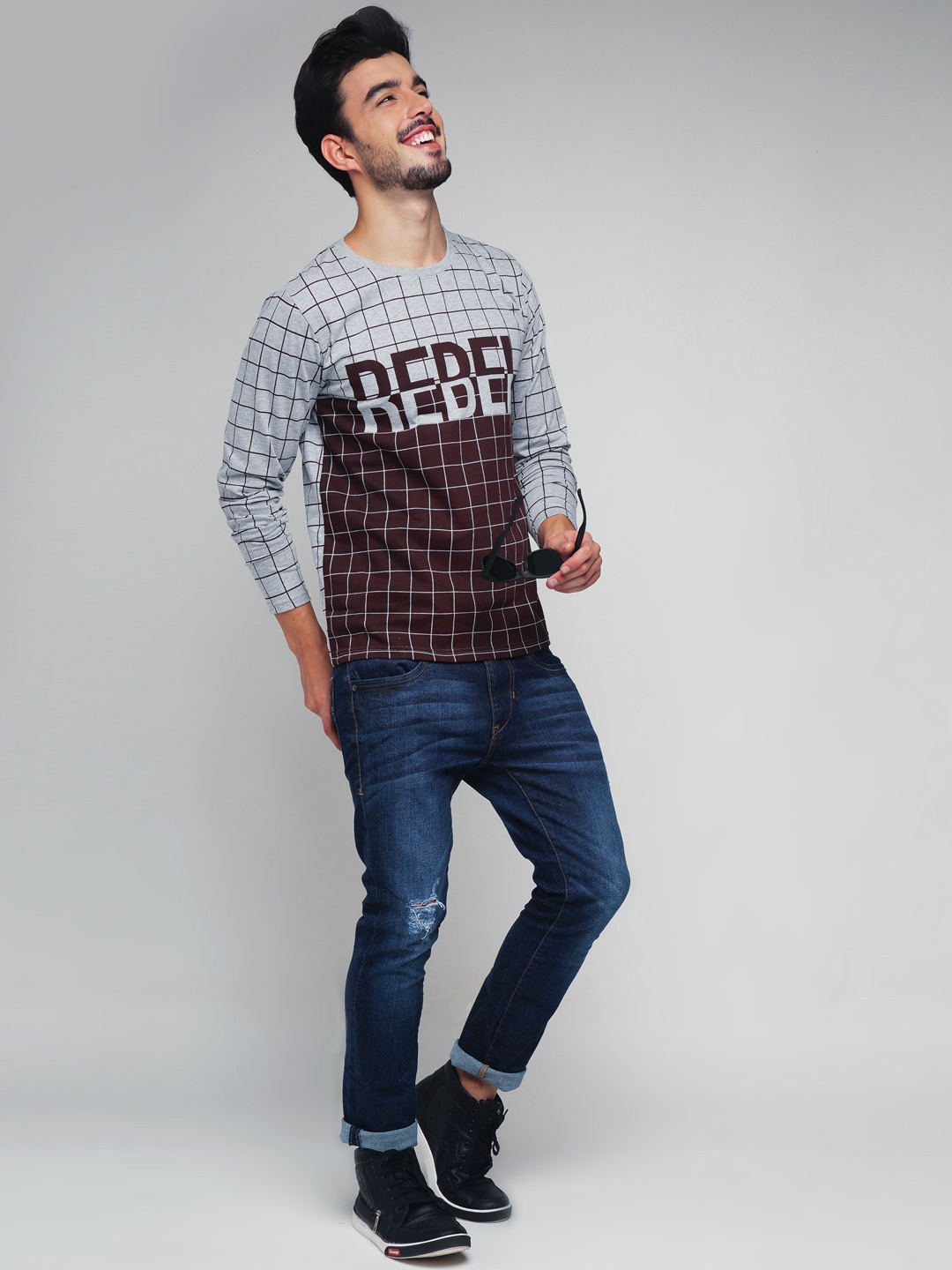 

Difference of Opinion Men Grey & Brown Checked Round Neck T-shirt