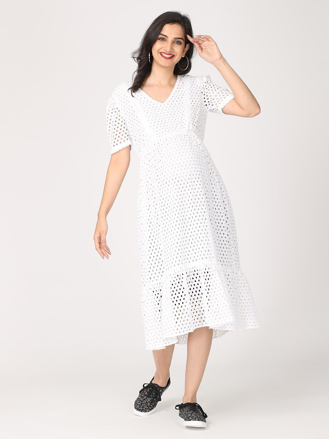 

The Mom Store White Schiffli Maternity A-Line Midi Dress