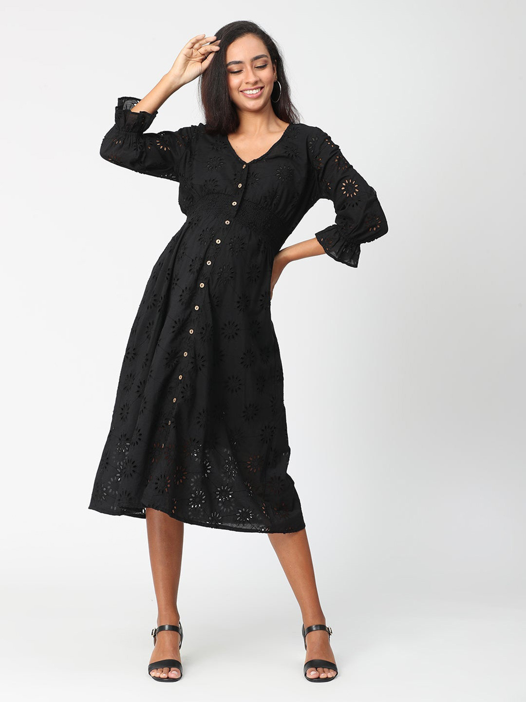 

The Mom Store Black Schiffli Maternity Midi Dress