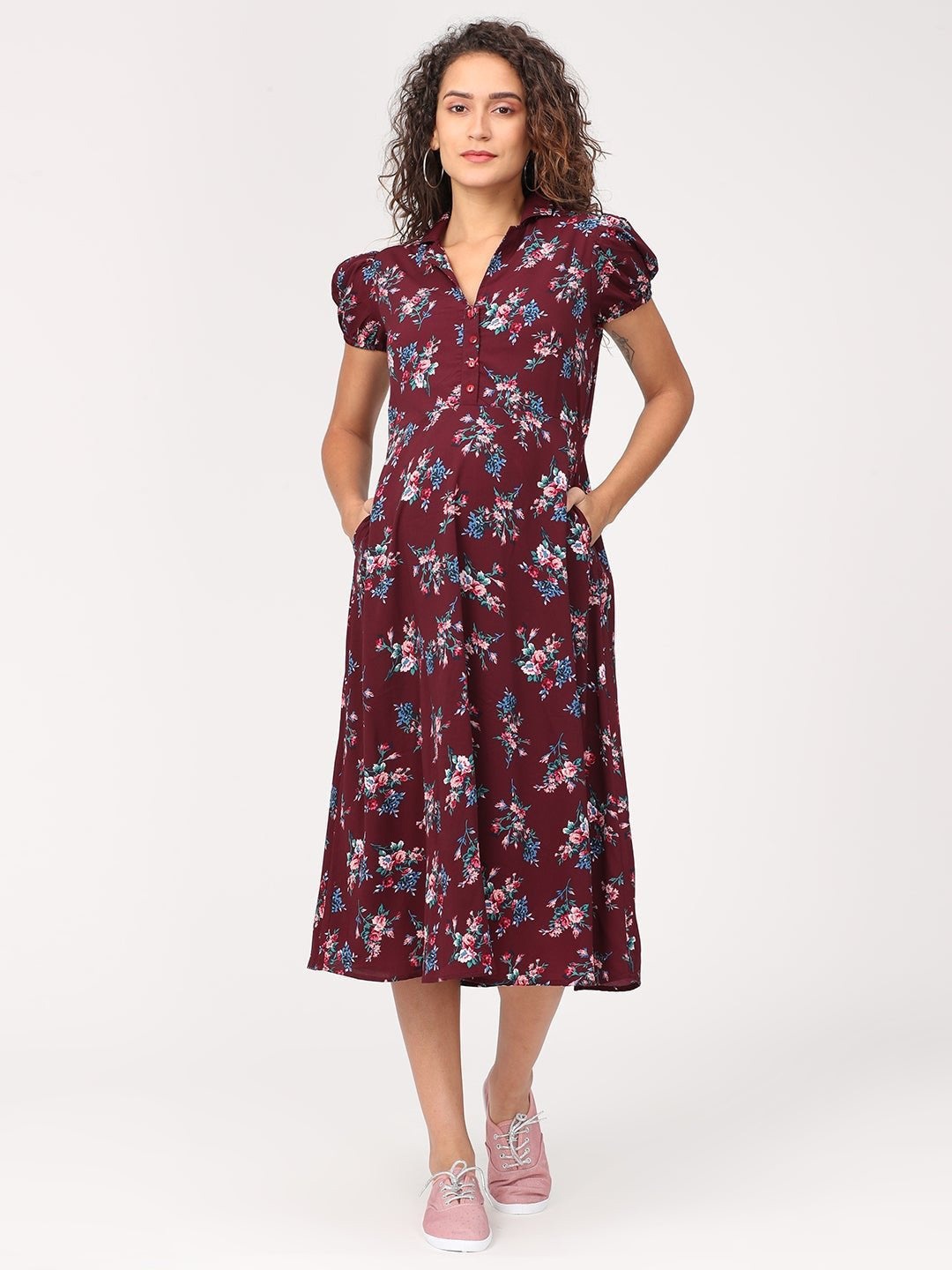 

The Mom Store Maroon Floral Maternity Midi Dress