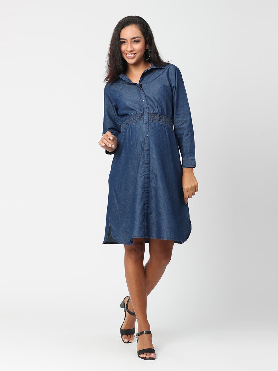 

The Mom Store Women Navy Blue Chambray Pure Cotton Maternity and Nursing Shirt Dress