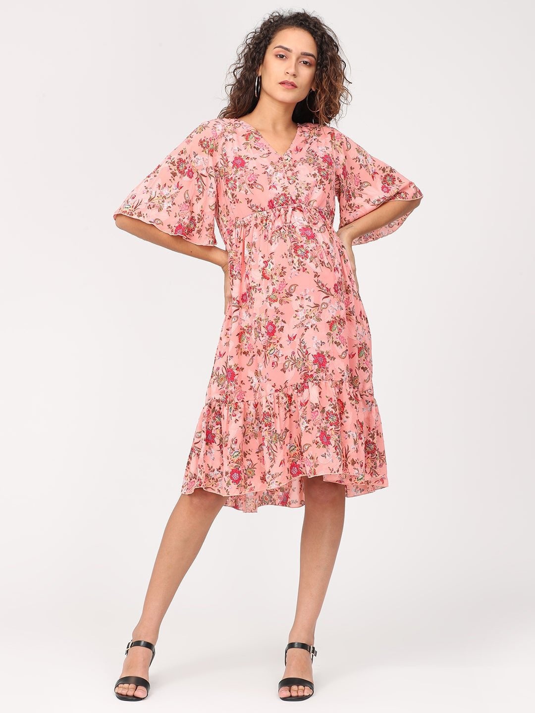 

The Mom Store Women Peach-Coloured Ethnic Motifs Georgette Maternity and Nursing Dress