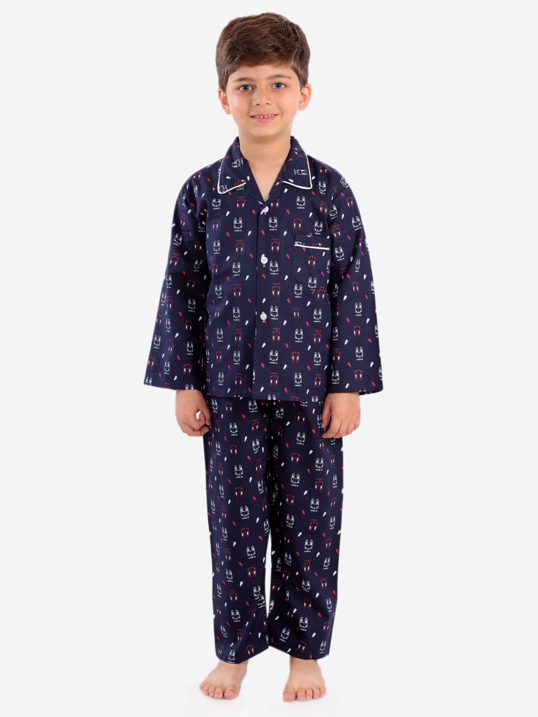 

KID1 Boys Navy Blue & White Printed Pure Cotton Night suit
