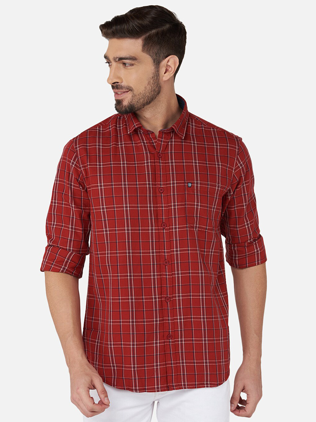 

Oxemberg Men Red & White Classic Slim Fit Checked Cotton Casual Shirt