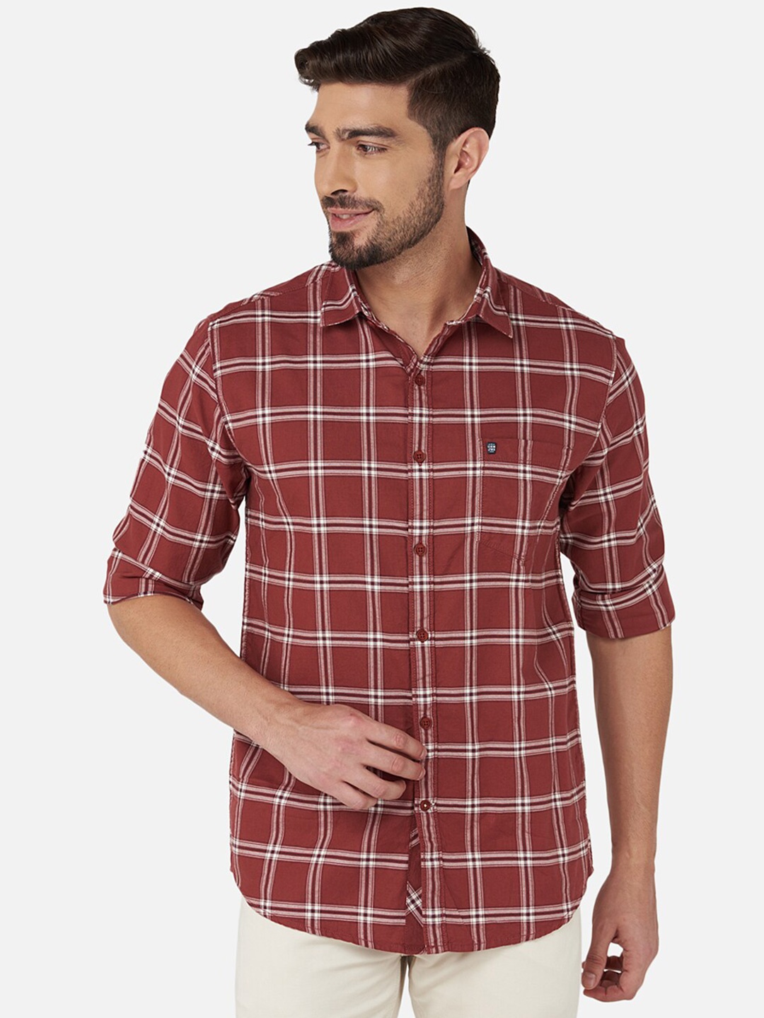 

Oxemberg Men Rust & White Classic Slim Fit Checked Cotton Casual Shirt