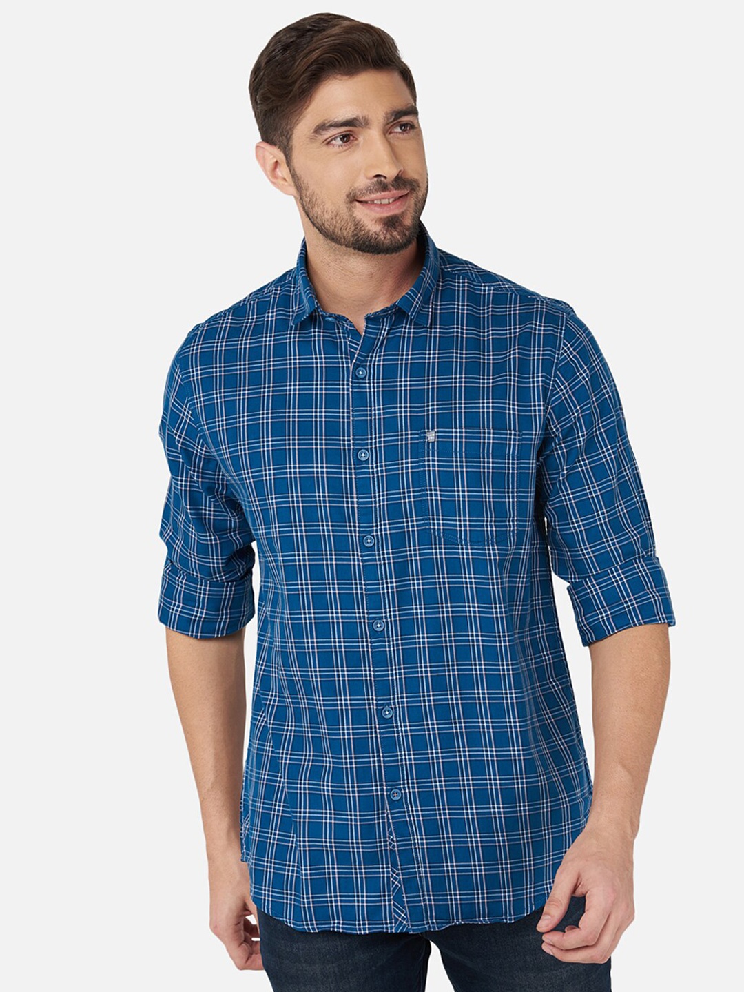 

Oxemberg Men Navy Blue Classic Slim Fit Checked Casual Shirt