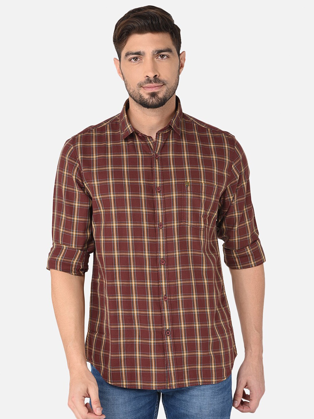 

Oxemberg Men Maroon Classic Slim Fit Windowpane Checked Casual Shirt