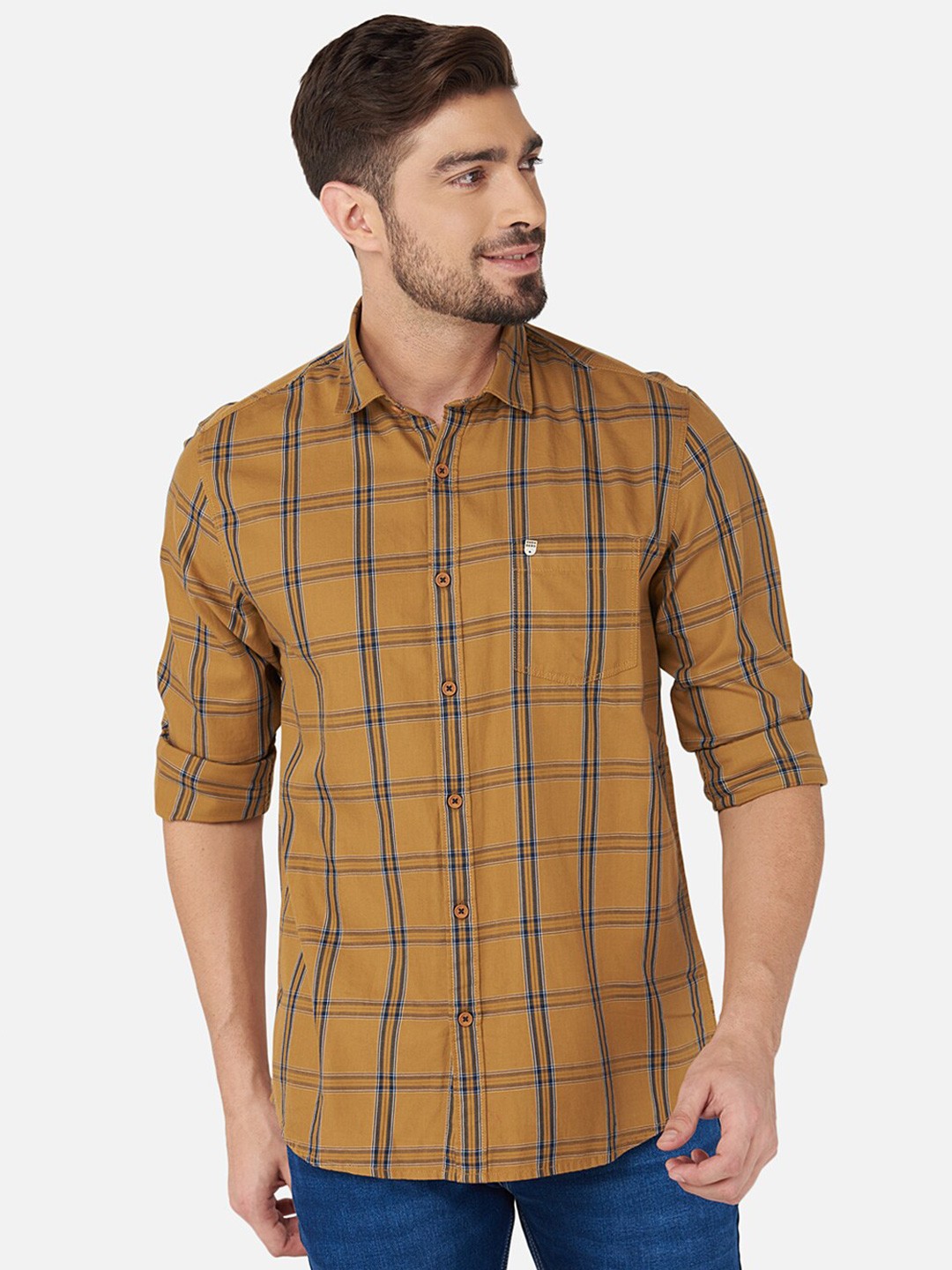 

Oxemberg Men Mustard Classic Slim Fit Tartan Checked Casual Shirt