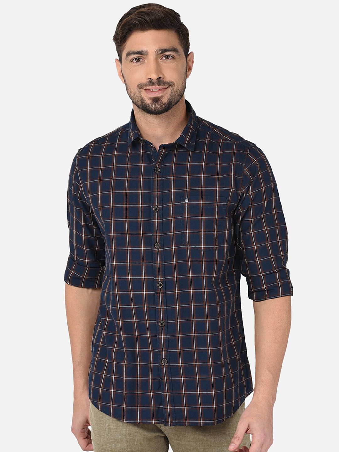 

Oxemberg Men Navy Blue & White Classic Slim Fit Checked Cotton Casual Shirt