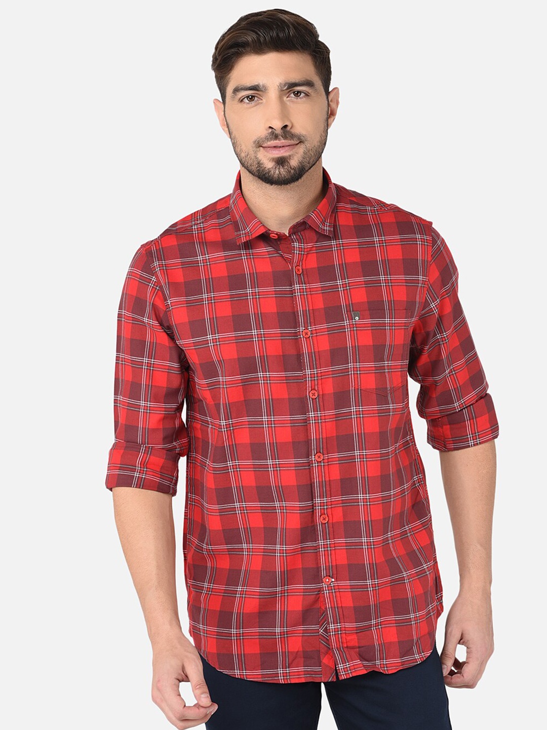 

Oxemberg Men Red & Black Classic Slim Fit Checked Cotton Casual Shirt