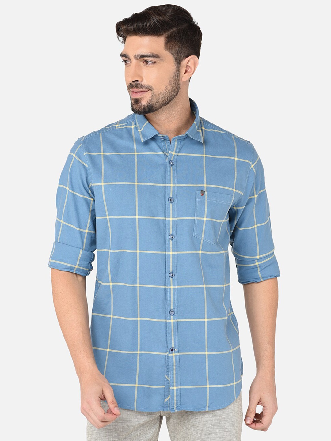 

Oxemberg Men Blue Classic Slim Fit Windowpane Checked Casual Shirt
