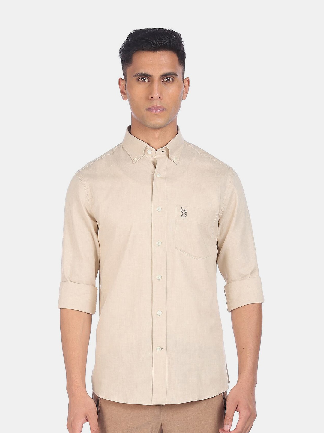 

U.S. Polo Assn. Men Beige Solid Pure Cotton Casual Shirt