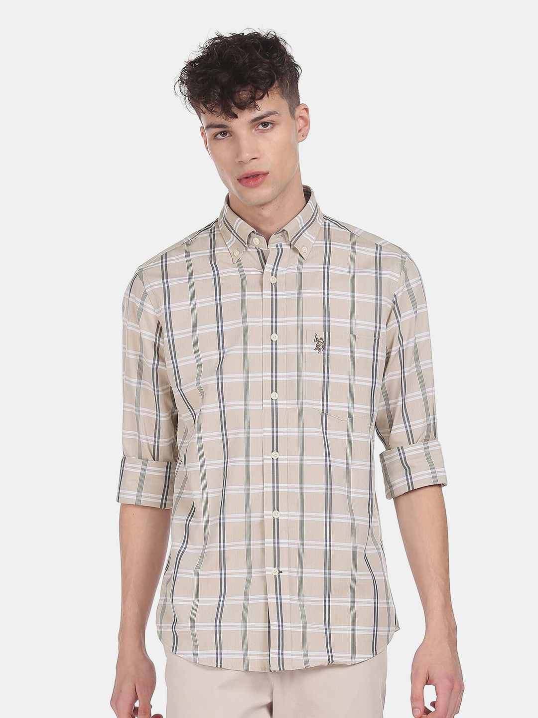 

U S Polo Assn Men Beige Tartan Checks Checked Casual Shirt