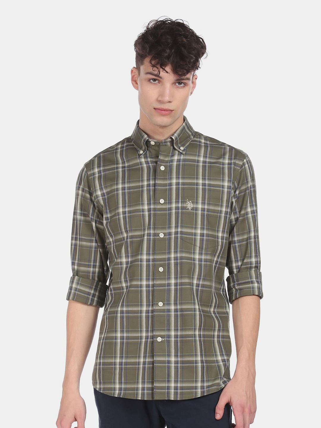 

U S Polo Assn Men Green Tartan Checks Checked Casual Shirt