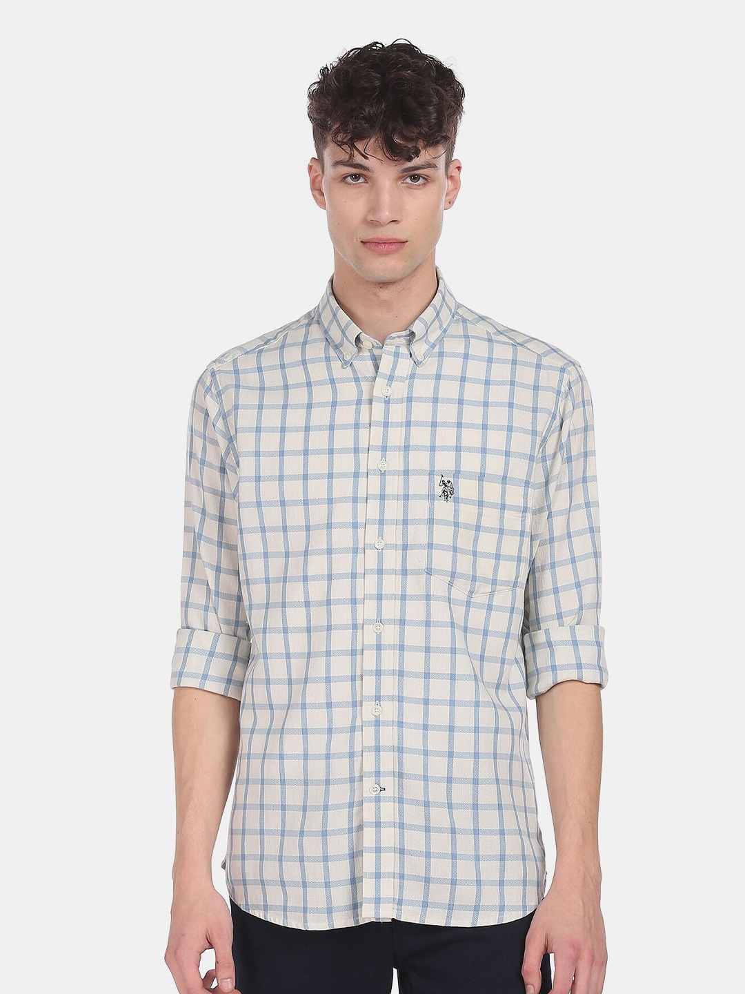 

U S Polo Assn Men Blue Checked Pure Cotton Casual Shirt