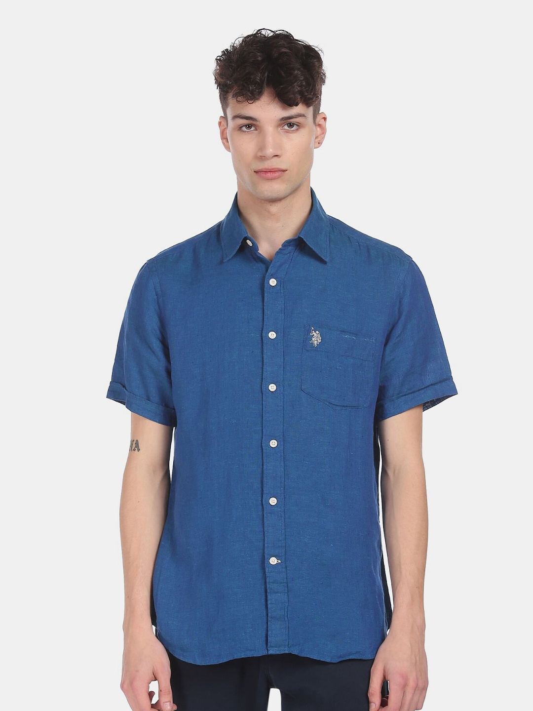 

U S Polo Assn Men Blue Pure CottonCasual Shirt