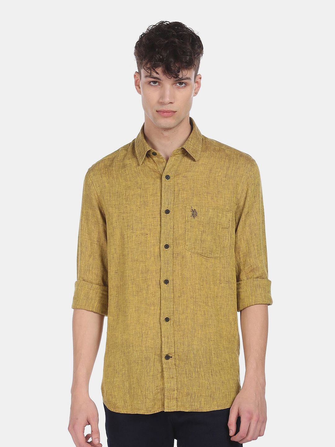 

U.S. Polo Assn. Men Mustard Pure Linen Casual Shirt