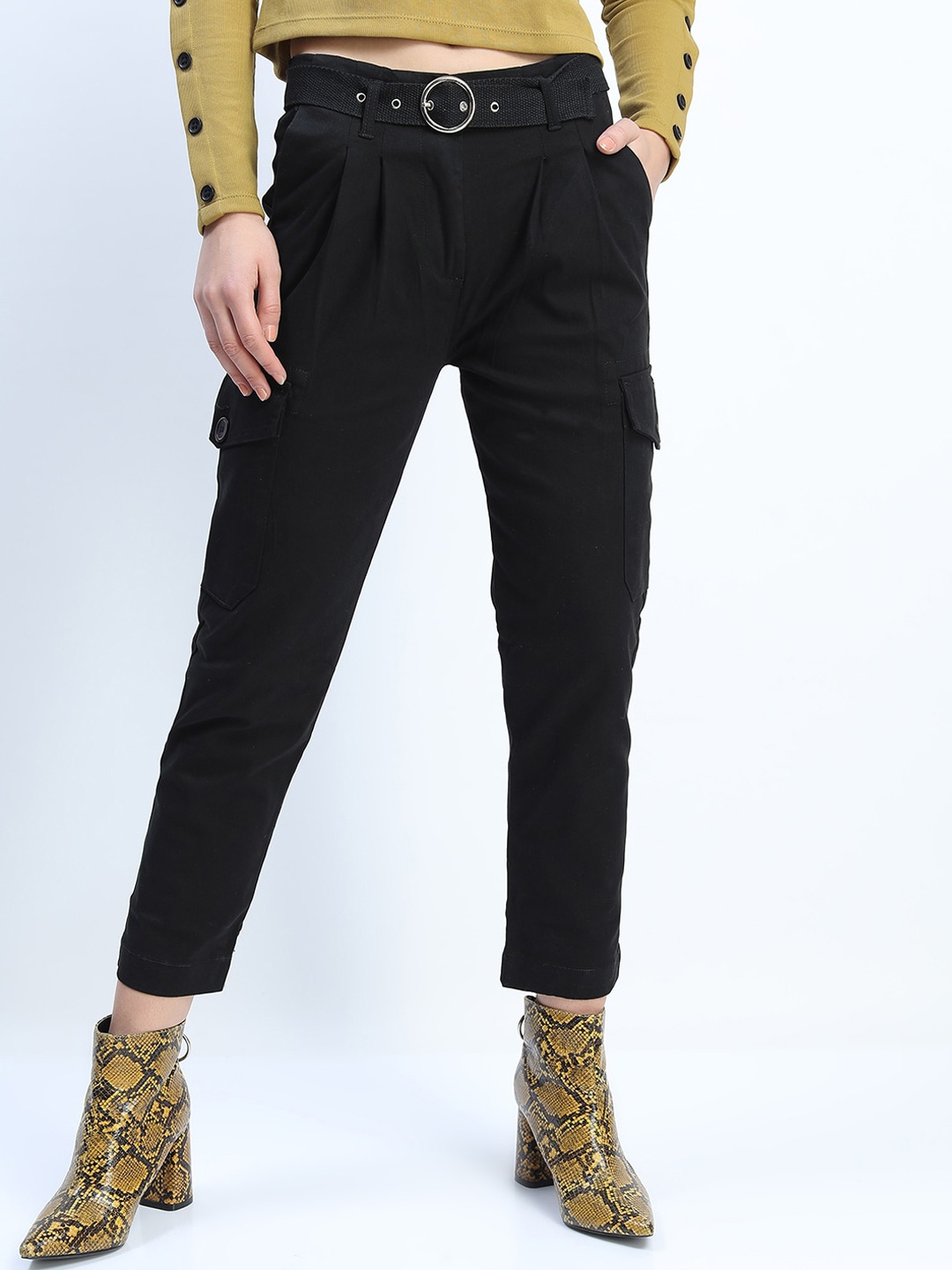 

Tokyo Talkies Women Black Tapered Fit Pleated Cargos Trousers