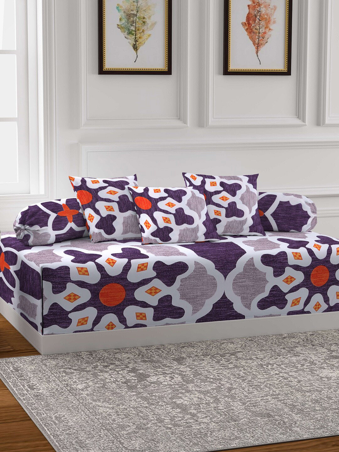 

KLOTTHE 6 Pieces White & Purple Printed Diwan Set
