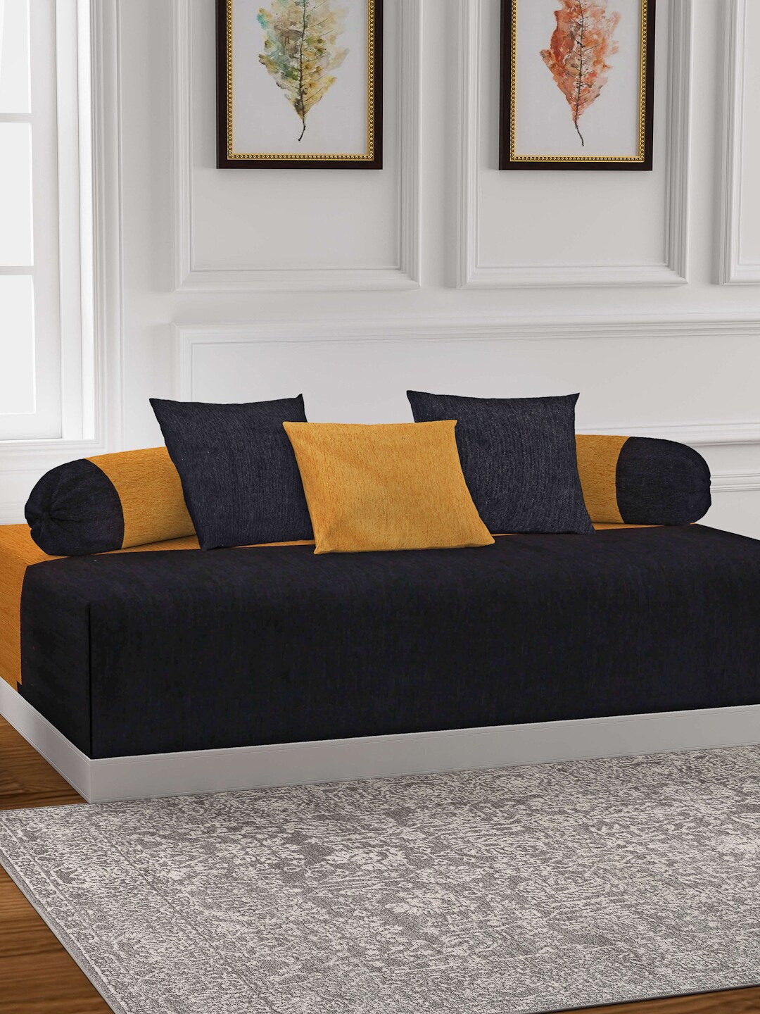 

KLOTTHE Yellow & Black Solid Diwan Set- 6 Pieces
