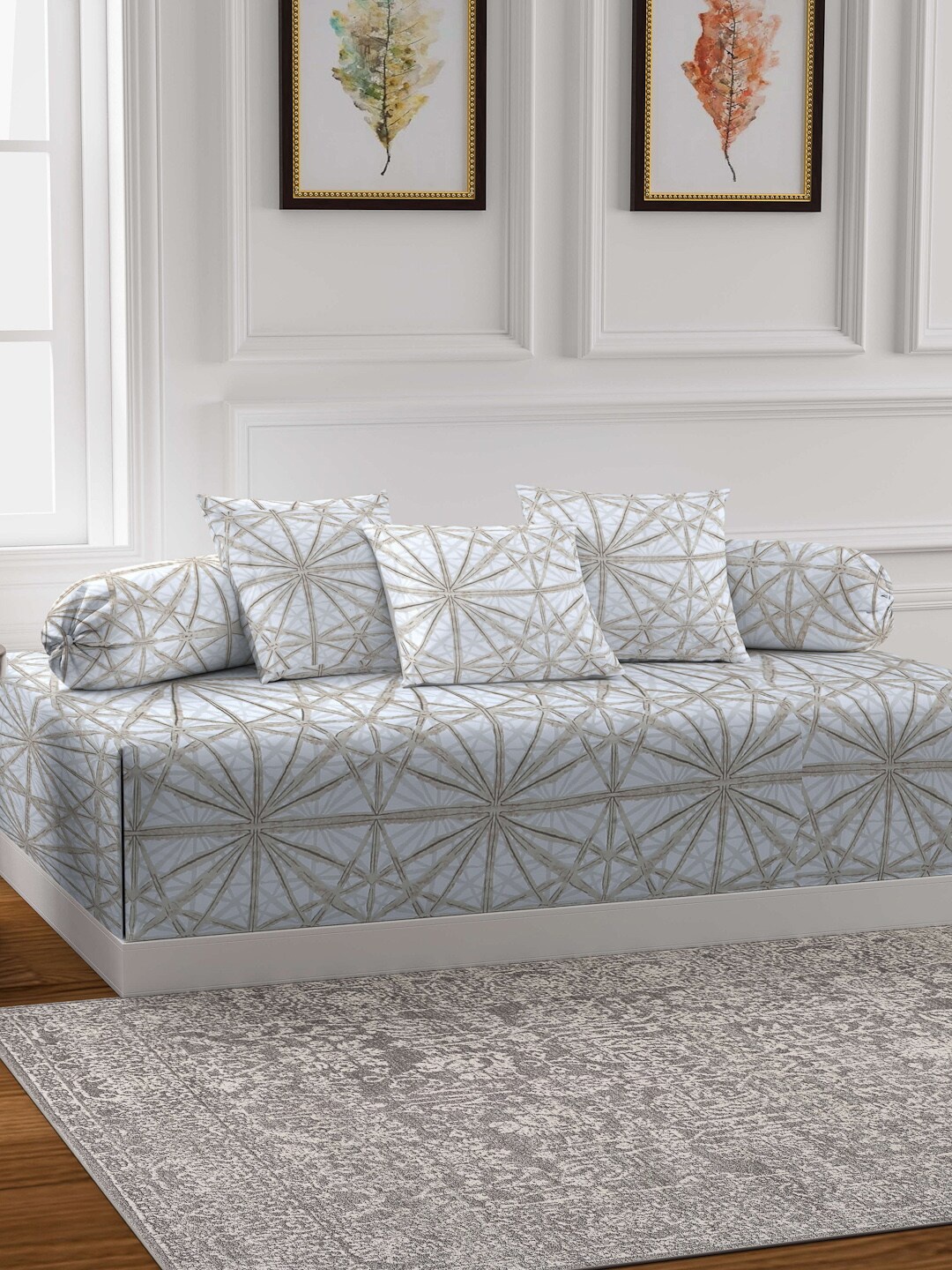 

KLOTTHE 6 Pieces Blue & Beige Printed Diwan Set