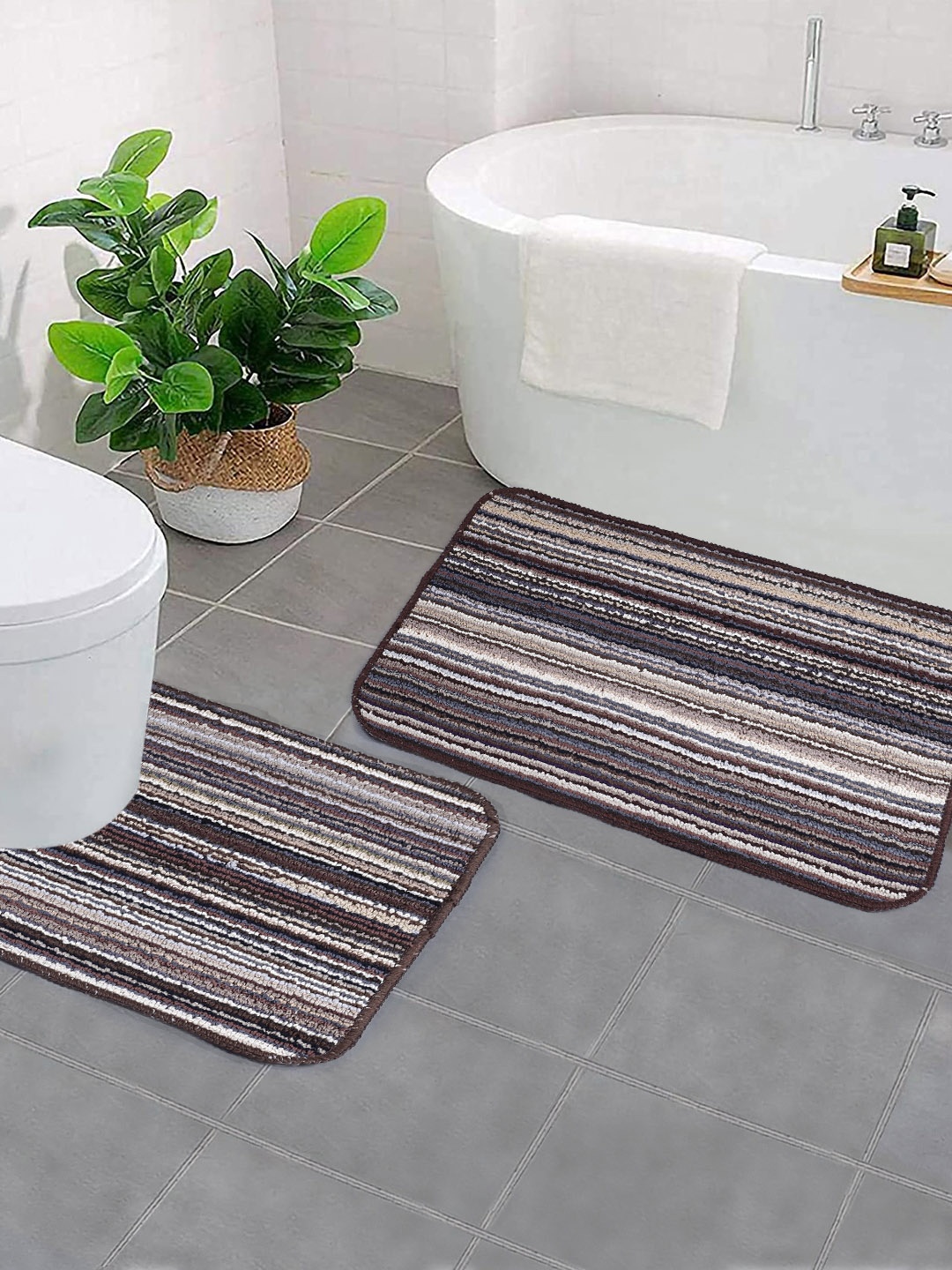 Saral Home Brown Striped Rectangular Bath Rug & Contour