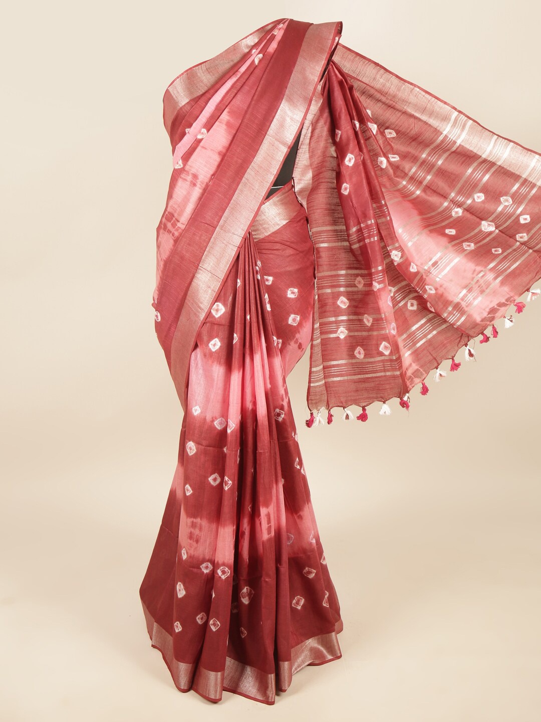 

Pothys Maroon & Pink Bandhani Printed Zari Linen Blend Saree