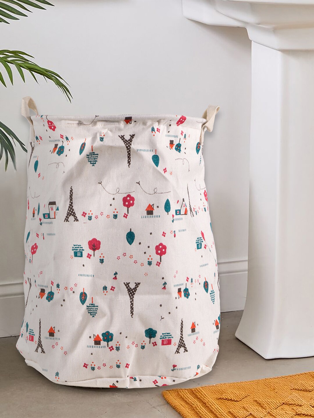 

Story@home Off White & Red Printed Foldable Round Laundry Bag With Carry Handle