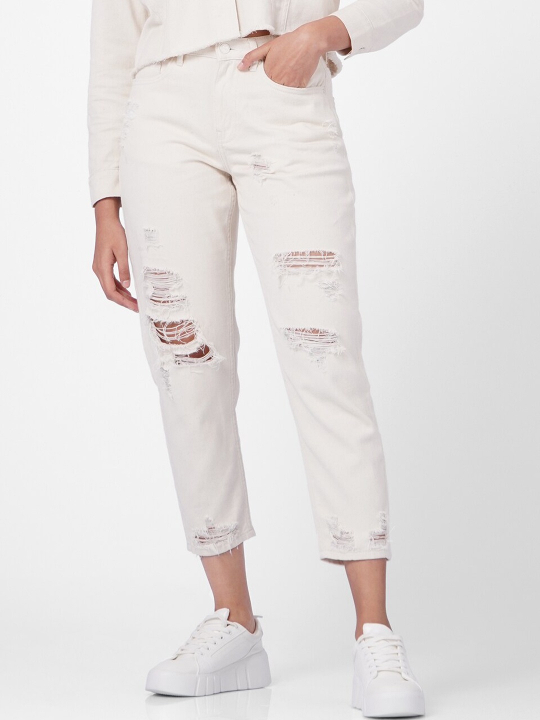 

ONLY Women White Boyfriend Fit Highly Distressed Stretchable Jeans