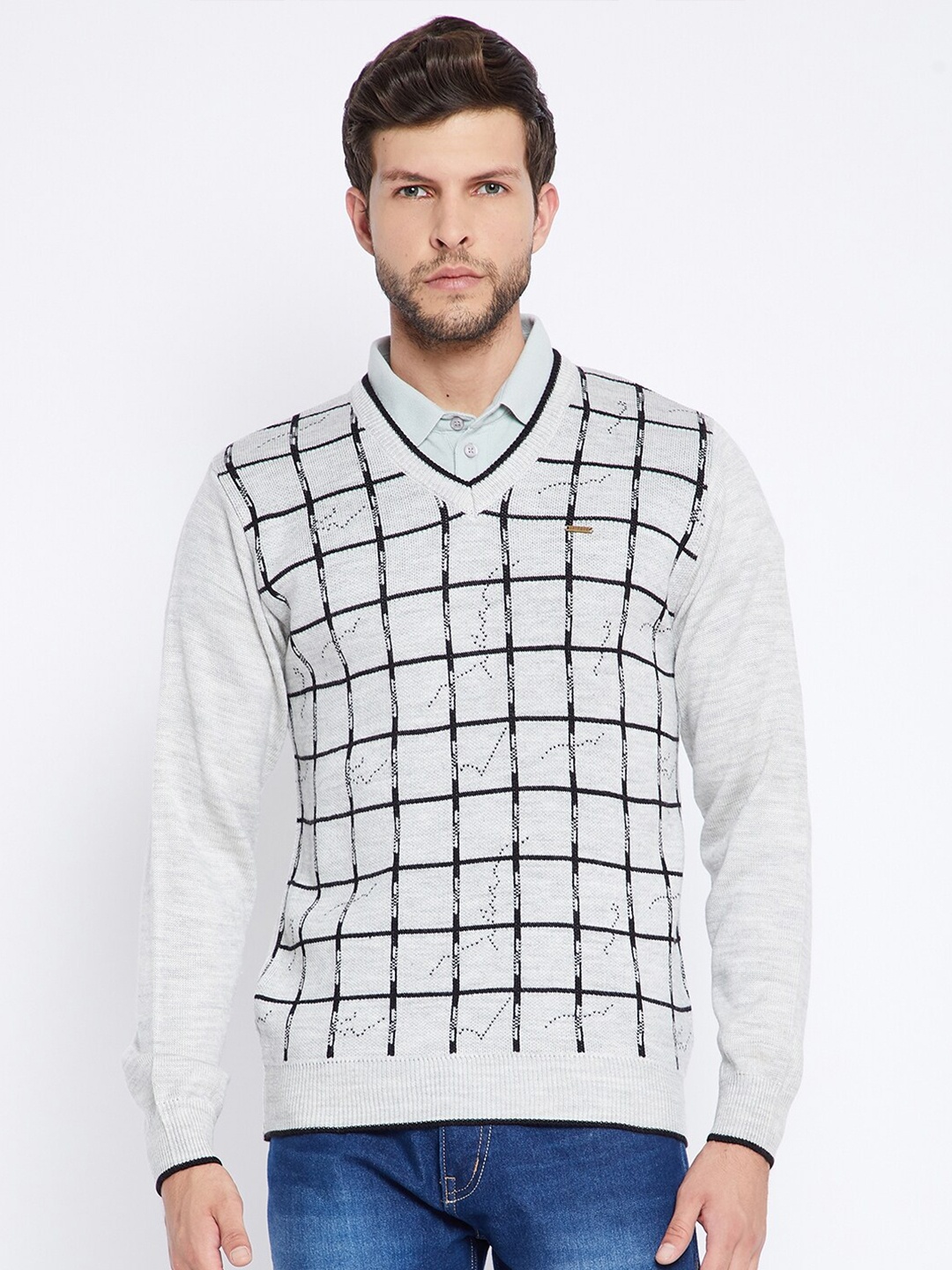 

NEVA Men Grey & Black Checked Wool Pullover