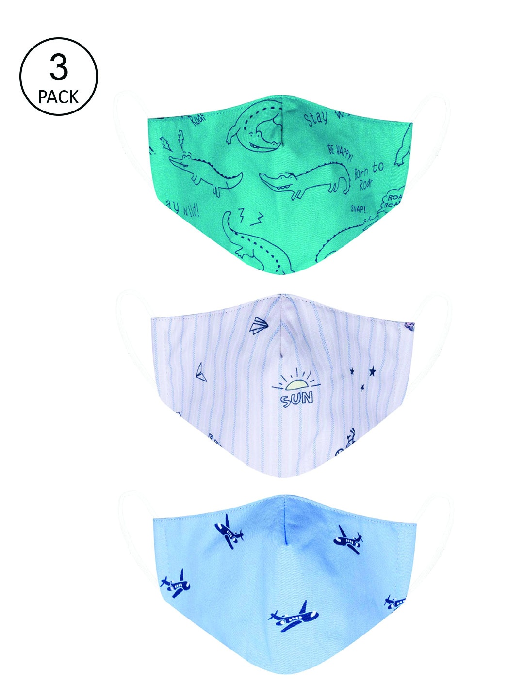 

VEA Kids Pack of 3 Green & Blue Printed 5 Layered Cotton Face Mask