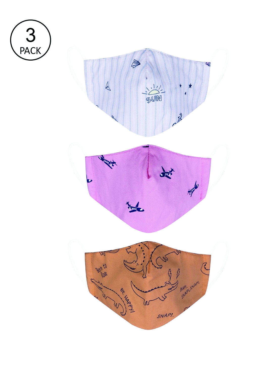 

VEA Kids Pack of 3 Beige & Blue Printed Cotton 5 Layered Filtration Face Masks