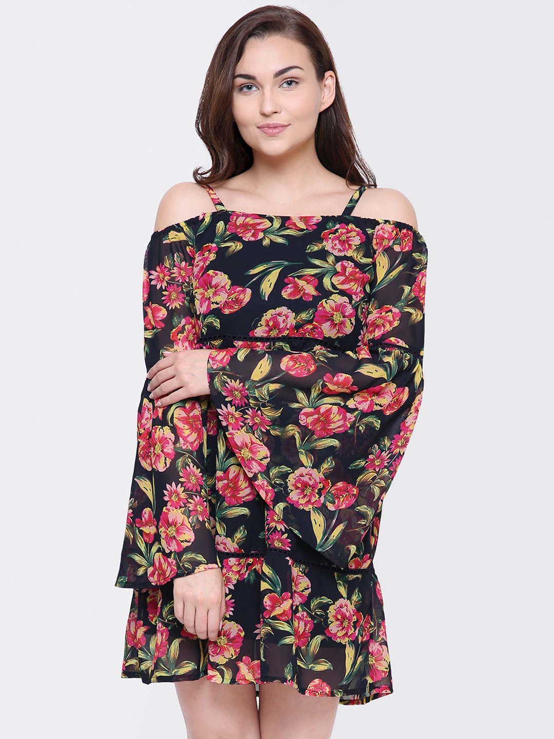 

Yaadleen Woman Black Floral Georgette A-Line Dress