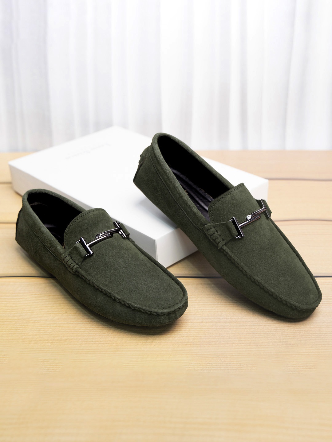 

Louis Stitch Men Seaweed Green Italian Suede Leather Handmade Driving Loafers