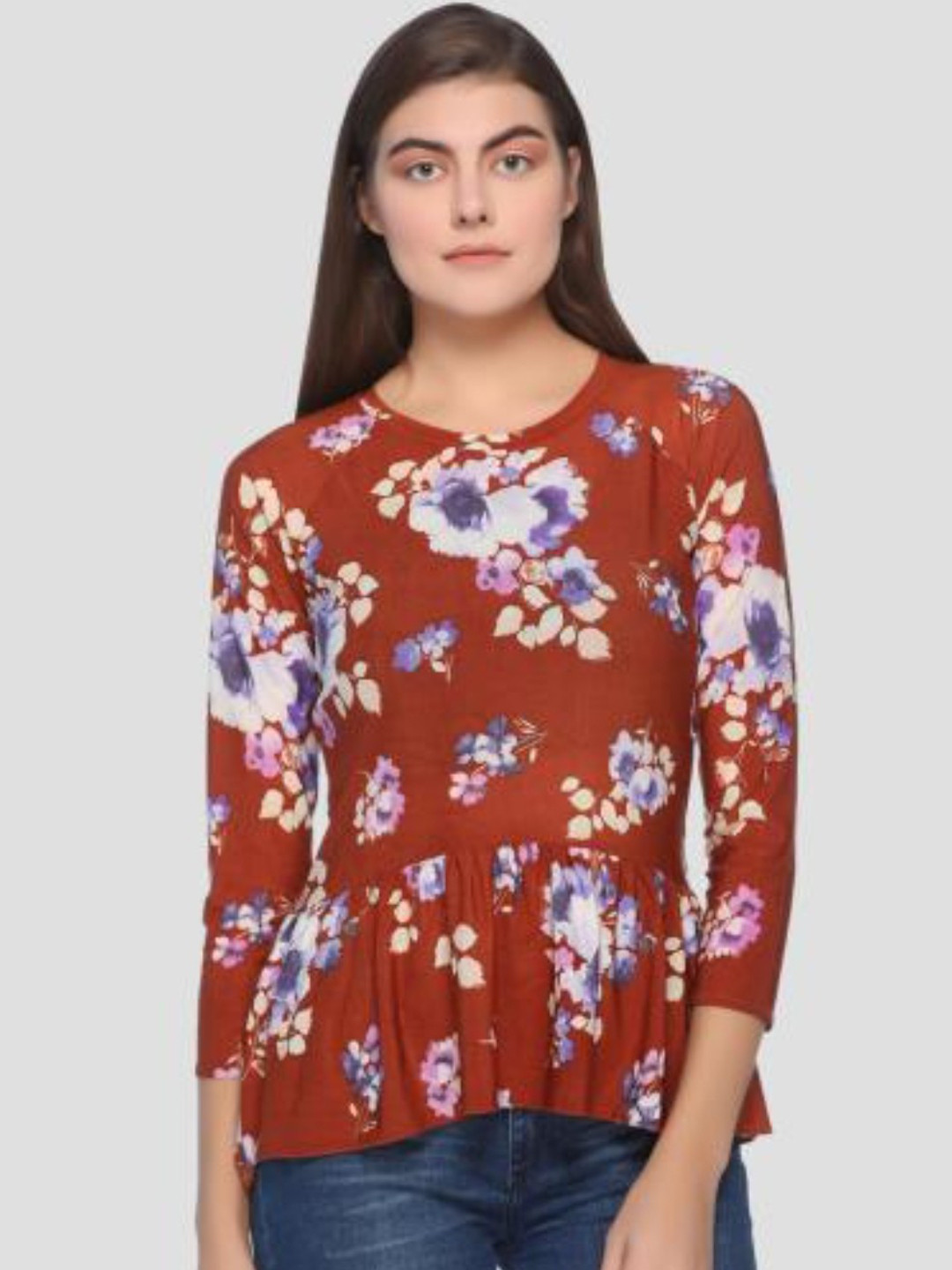 

armure Orange & White Floral Print Crepe Peplum Top