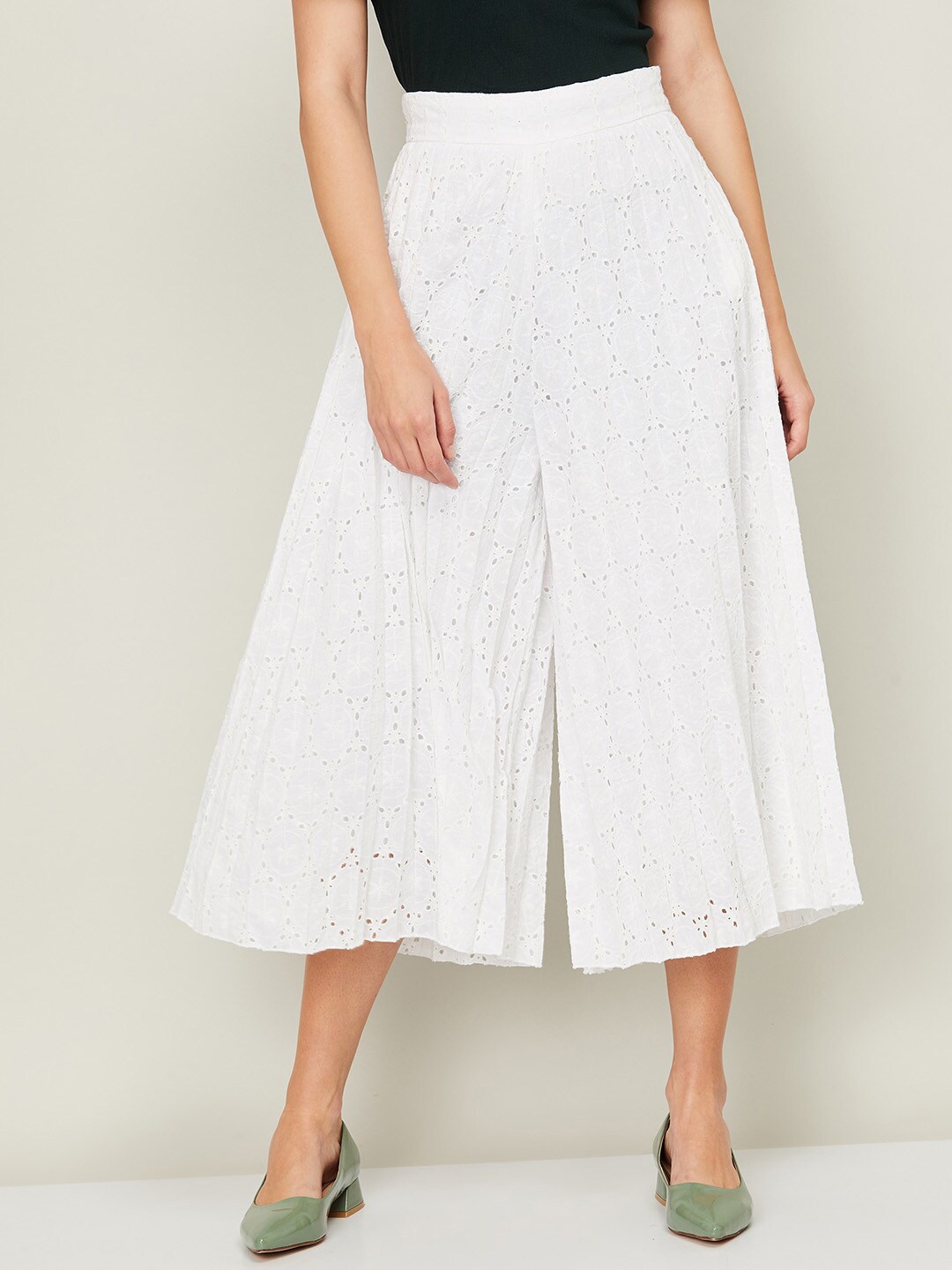 

CODE by Lifestyle Women White Floral Embroidered Flared Knitted Palazzos
